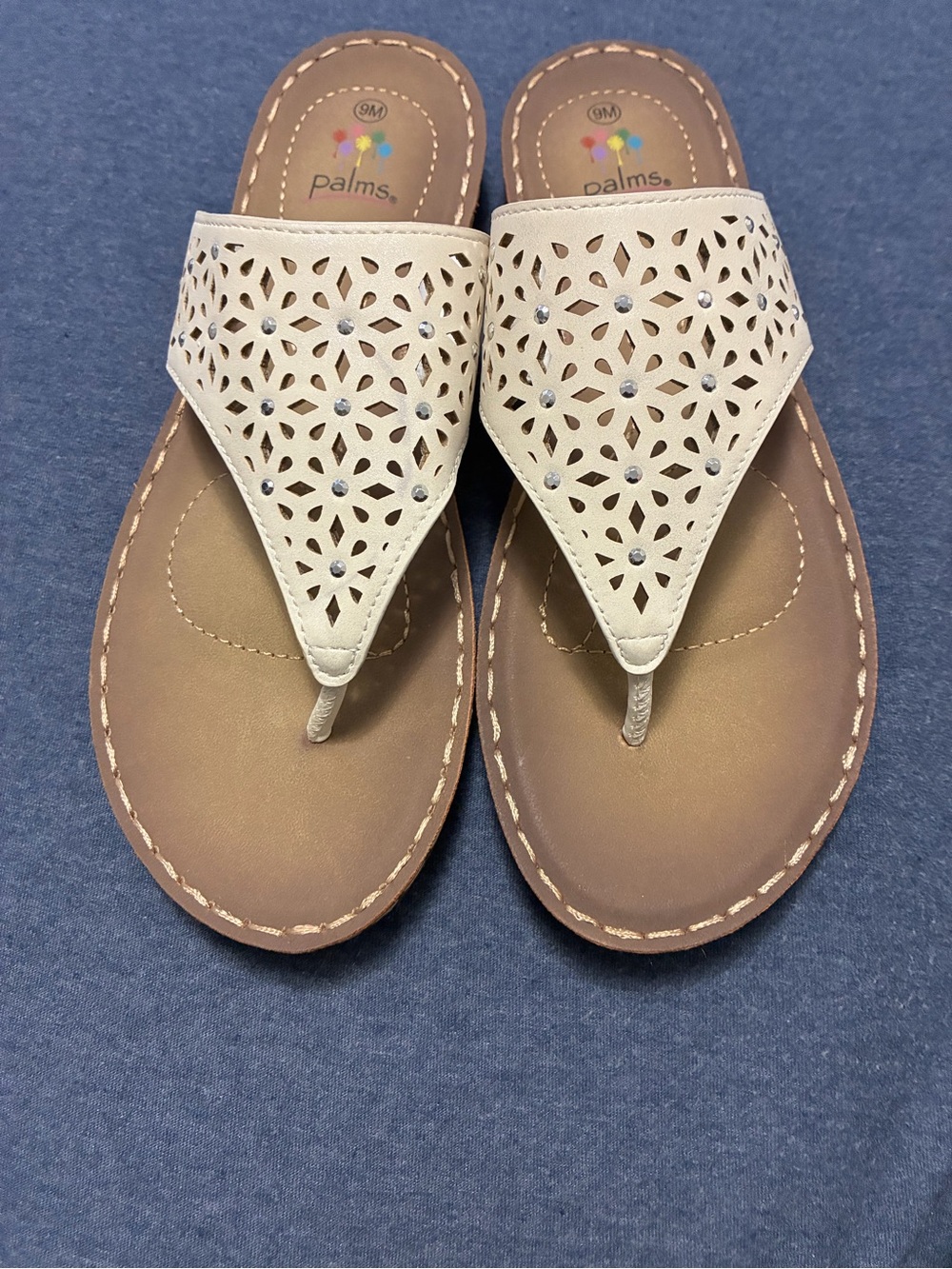 Palms Women’s Cream Laser-Cut Thong Sandals with Stud Accents
